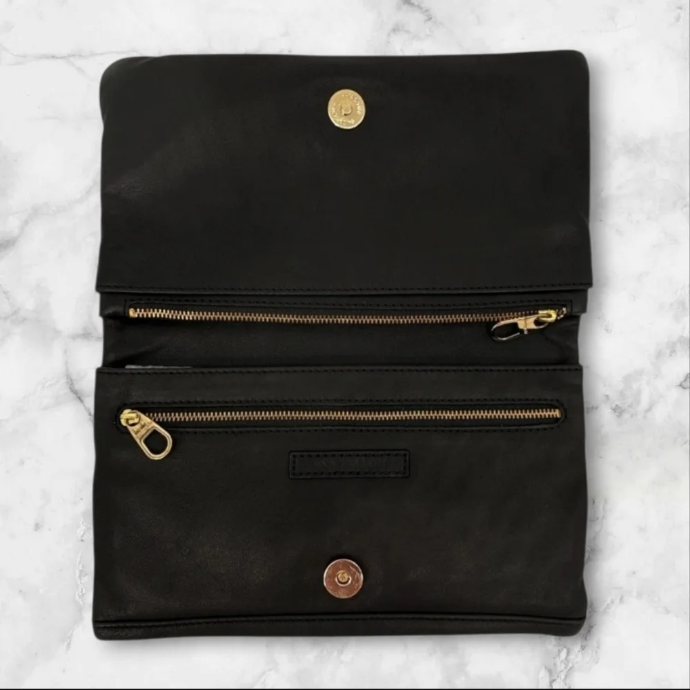 Ann Taylor Leather Clutch Fold Over Black Evening Bag Gold Capsule Minimalist